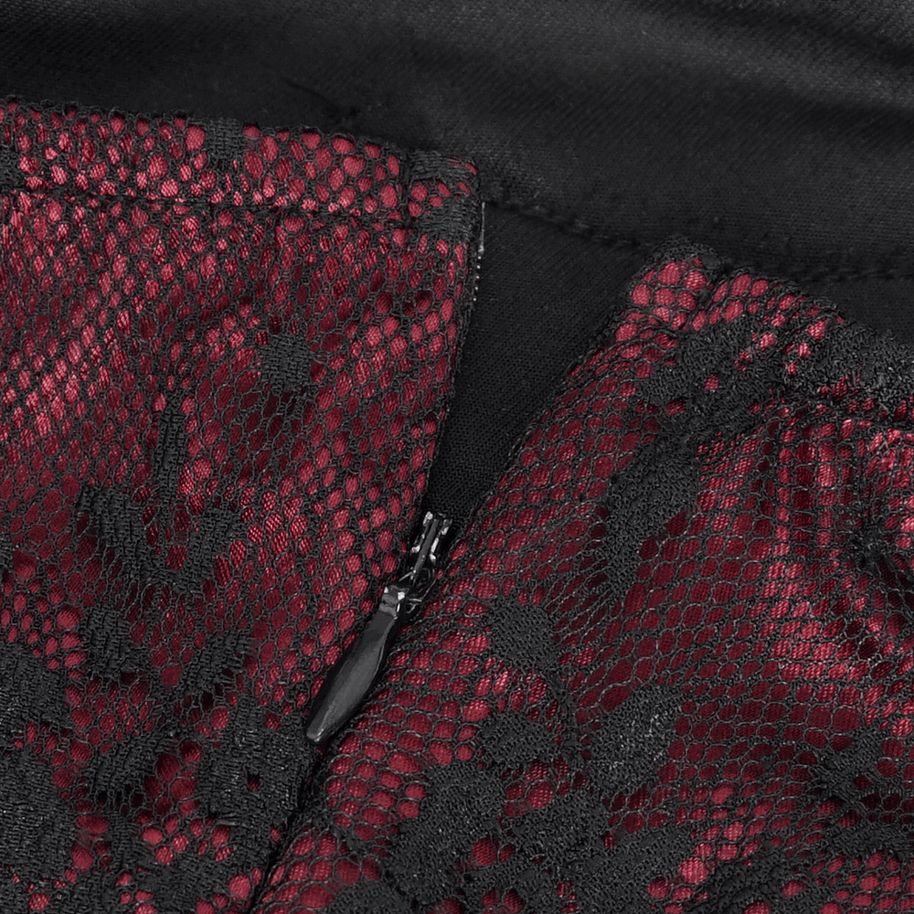 Intricate burgundy lace appliques adorning a gothic velvet long dress with a zipper detail.