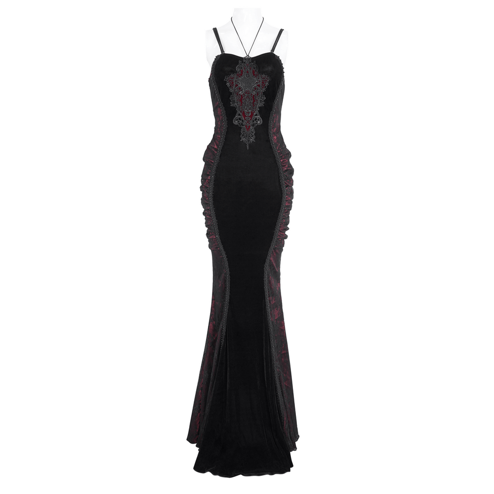 Women's Gothic Velvet Long Dress with Burgundy Lace Appliques and Mermaid Silhouette, elegant and dramatic design.