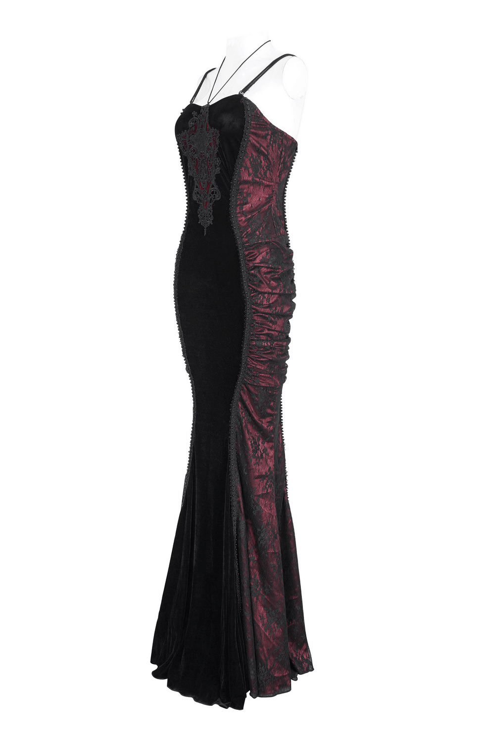 Women's Gothic Velvet Long Dress with Lace Appliques, showcasing a glamorous mermaid silhouette and floral details.
