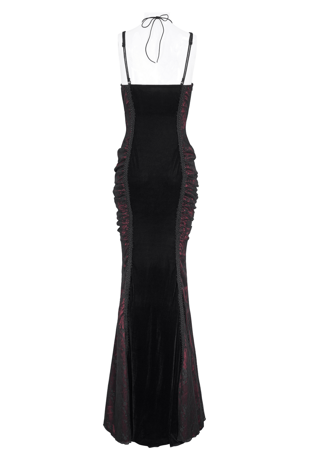 Back view of women's gothic velvet mermaid dress with lace appliques, showcasing fitted silhouette and elegant design.