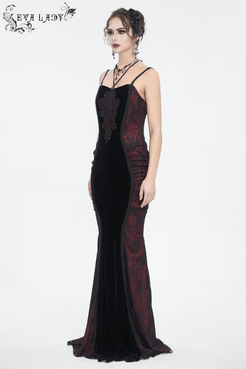 Women's Gothic velvet mermaid dress in black and burgundy with lace appliques and sweetheart neckline.