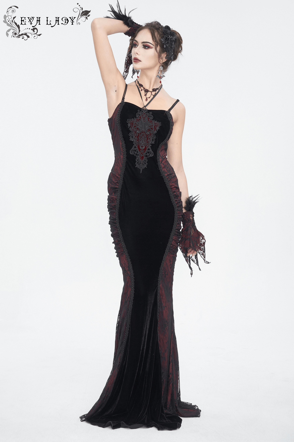 Women's Gothic Velvet Long Dress with Lace Appliques