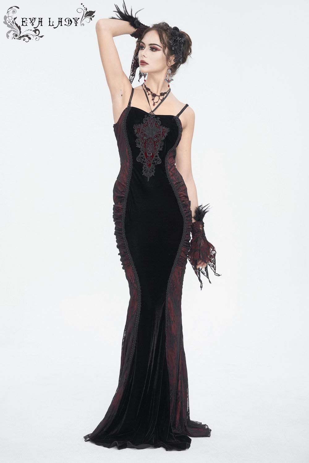 Elegant women's gothic velvet mermaid dress with lace appliques and sweetheart neckline, exuding romantic allure.