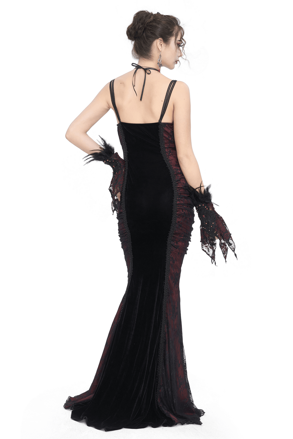 Elegant women's gothic velvet long dress with lace appliques, showcasing a stunning mermaid silhouette from the back.