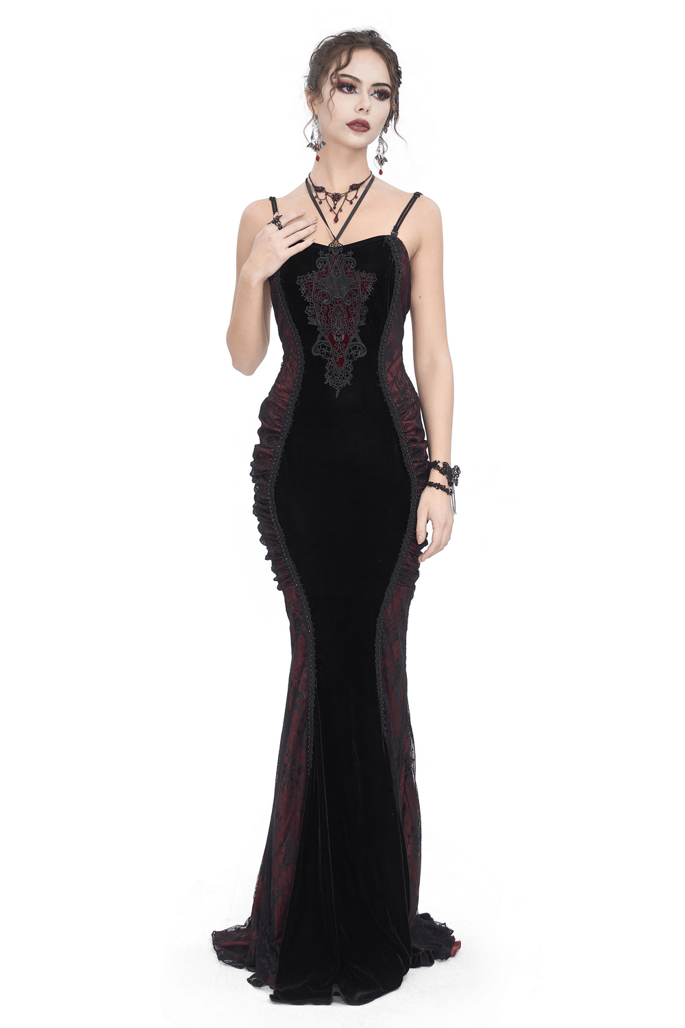 Women's Gothic velvet mermaid dress with lace appliques and sweetheart neckline in black.