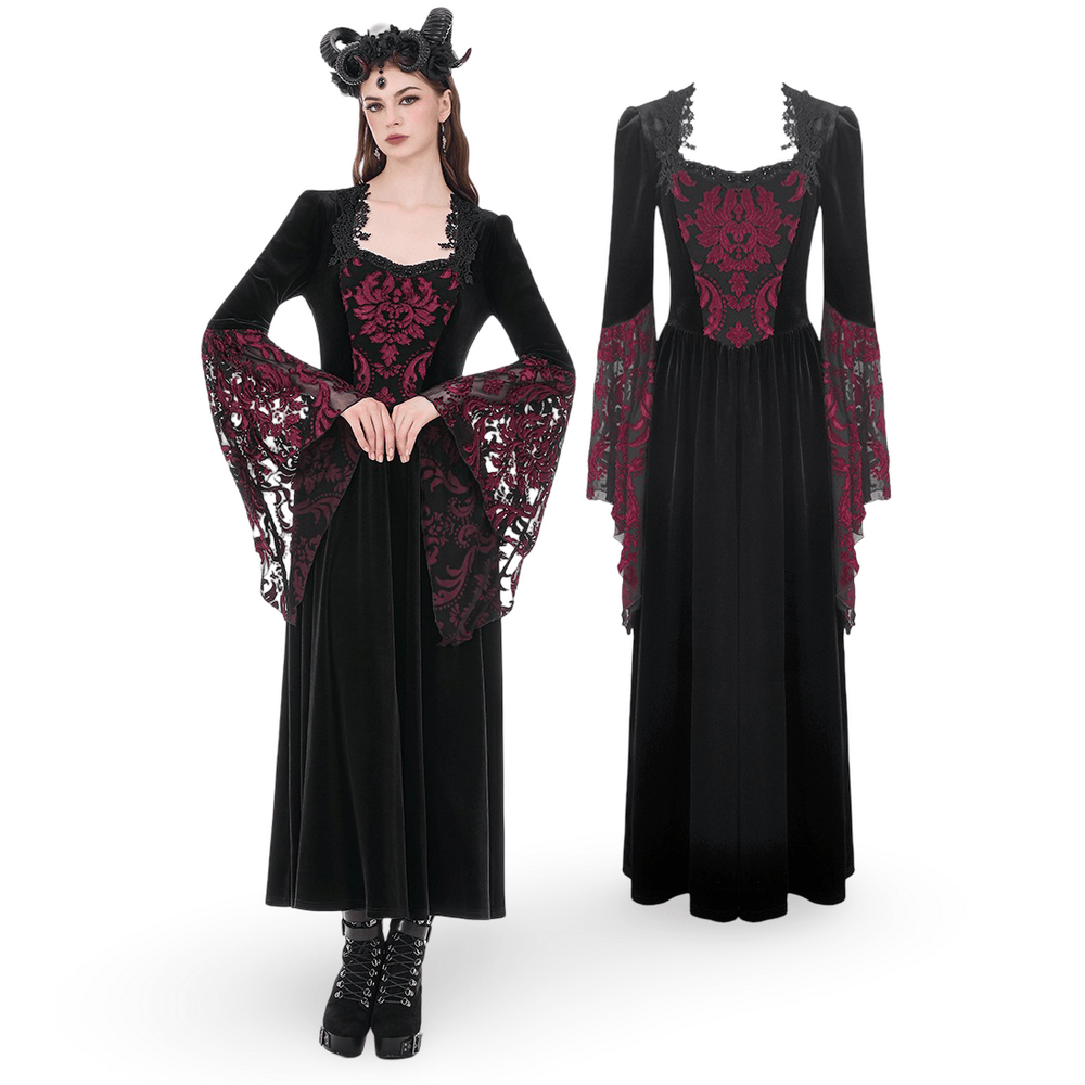 Women's Gothic Velvet Maxi Dress with Lace Bell Sleeves featuring black velvet and burgundy brocade details.