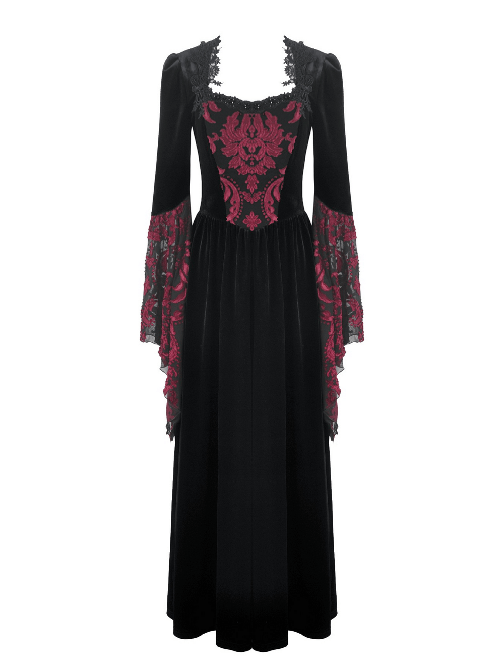 Women's Gothic Velvet Maxi Dress with Lace Bell Sleeves featuring black velvet and burgundy brocade panels.