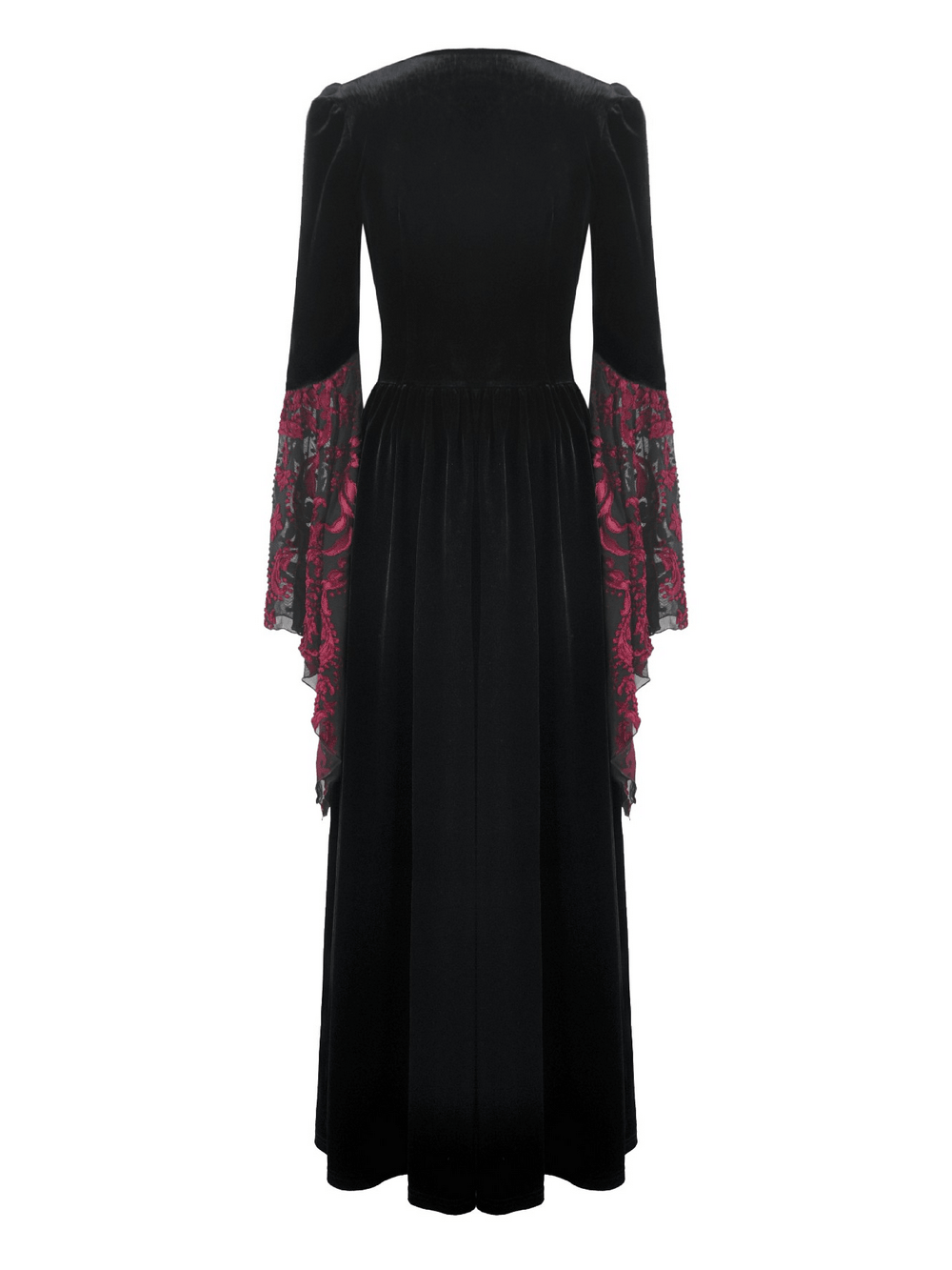 Women's Gothic Velvet Maxi Dress with Lace Bell Sleeves back view, featuring black velvet and burgundy lace details.