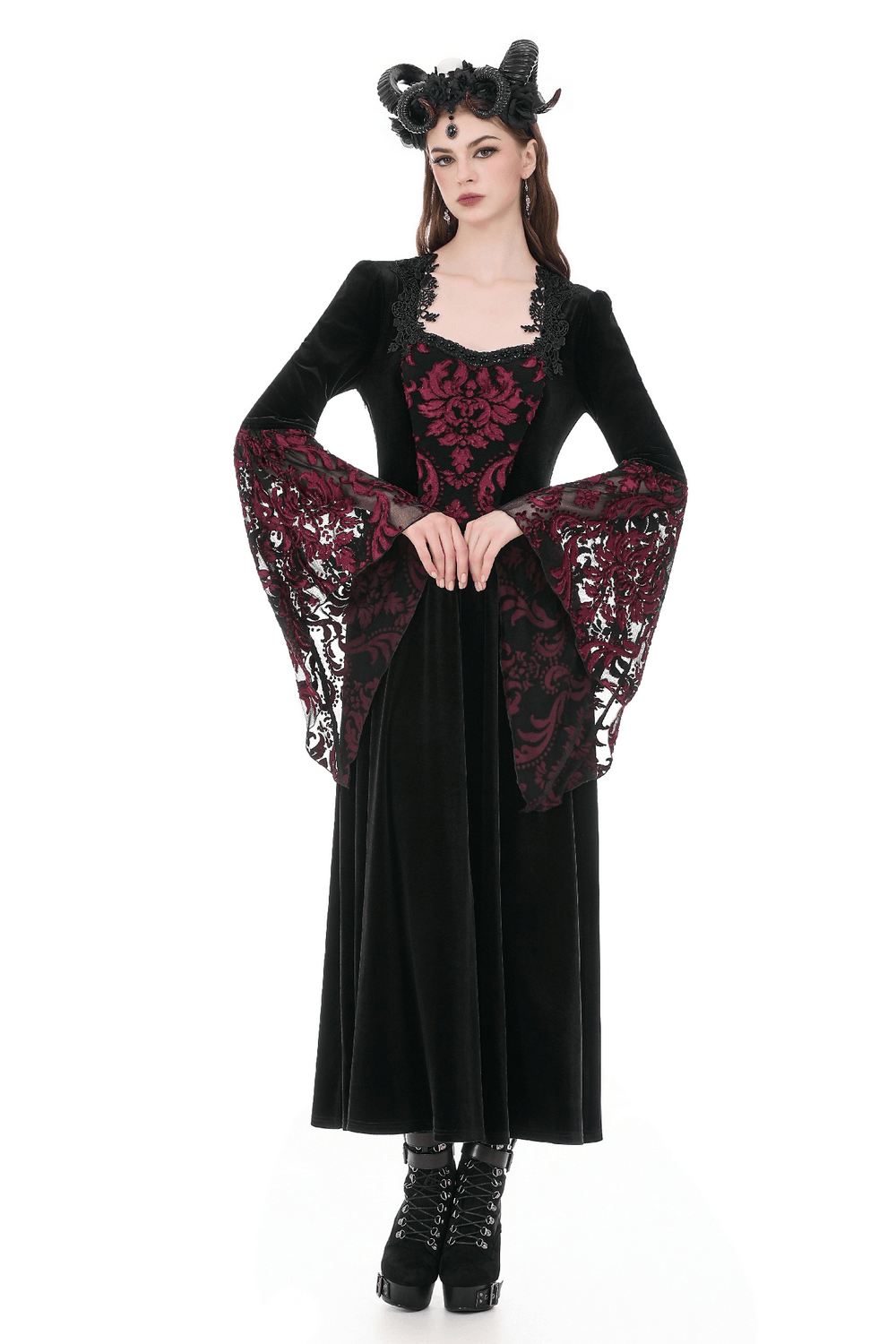 Women's Gothic Velvet Maxi Dress with Lace Bell Sleeves showcased with a black velvet bodice and burgundy brocade details.