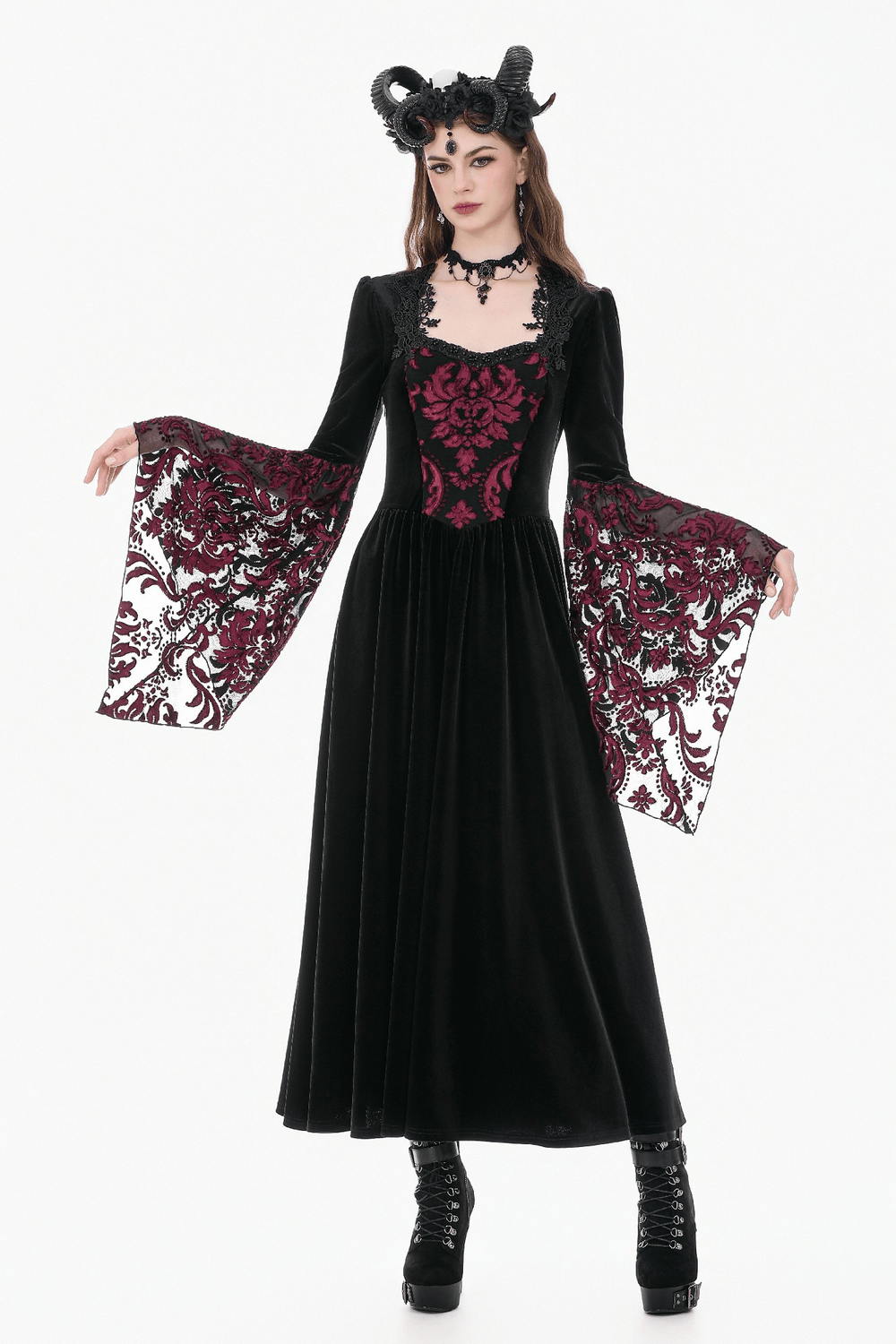 Women's Gothic Velvet Maxi Dress with Lace Bell Sleeves featuring burgundy brocade and dramatic lace details.