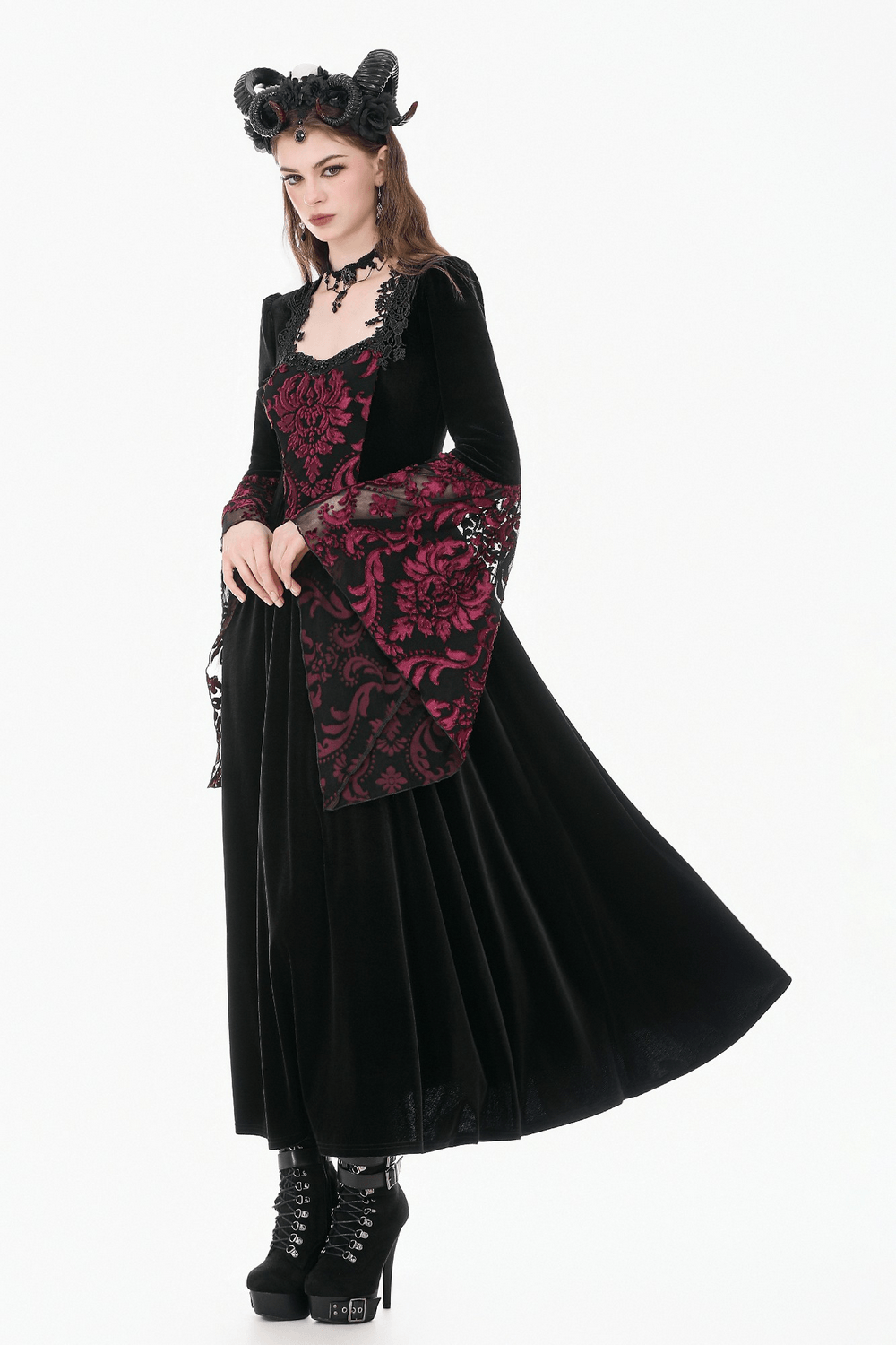 Women's Gothic Velvet Maxi Dress with Lace Bell Sleeves showcased on a model with a flowing skirt and elegant details.