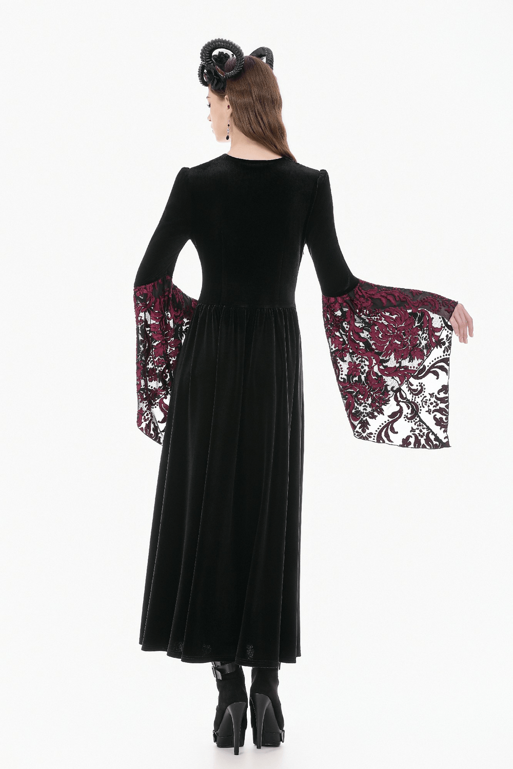 Back view of Women's Gothic Velvet Maxi Dress with Lace Bell Sleeves showcasing lace details and a flowing skirt.