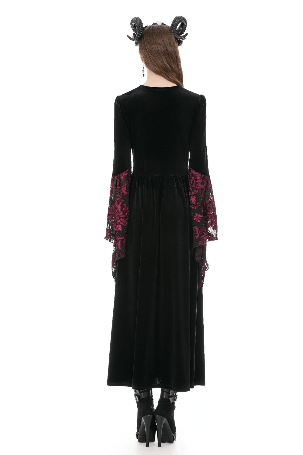 Back view of Women's Gothic Velvet Maxi Dress with Lace Bell Sleeves featuring gothic lace and burgundy details.