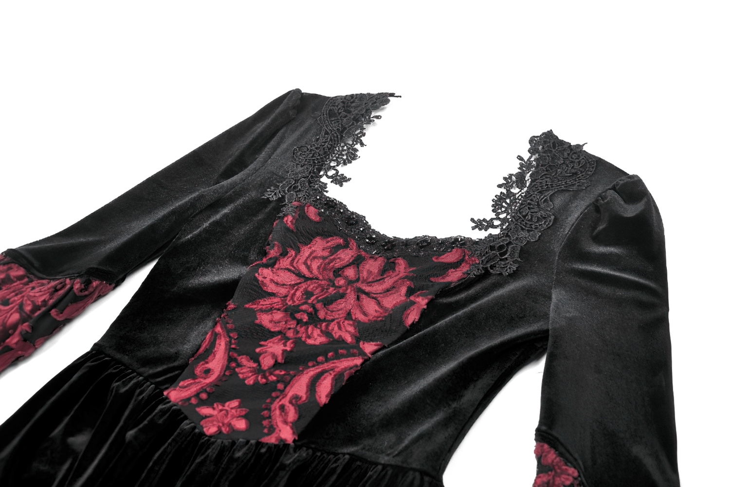 Women's Gothic Velvet Maxi Dress with Lace Bell Sleeves featuring intricate burgundy brocade panels and lace details.