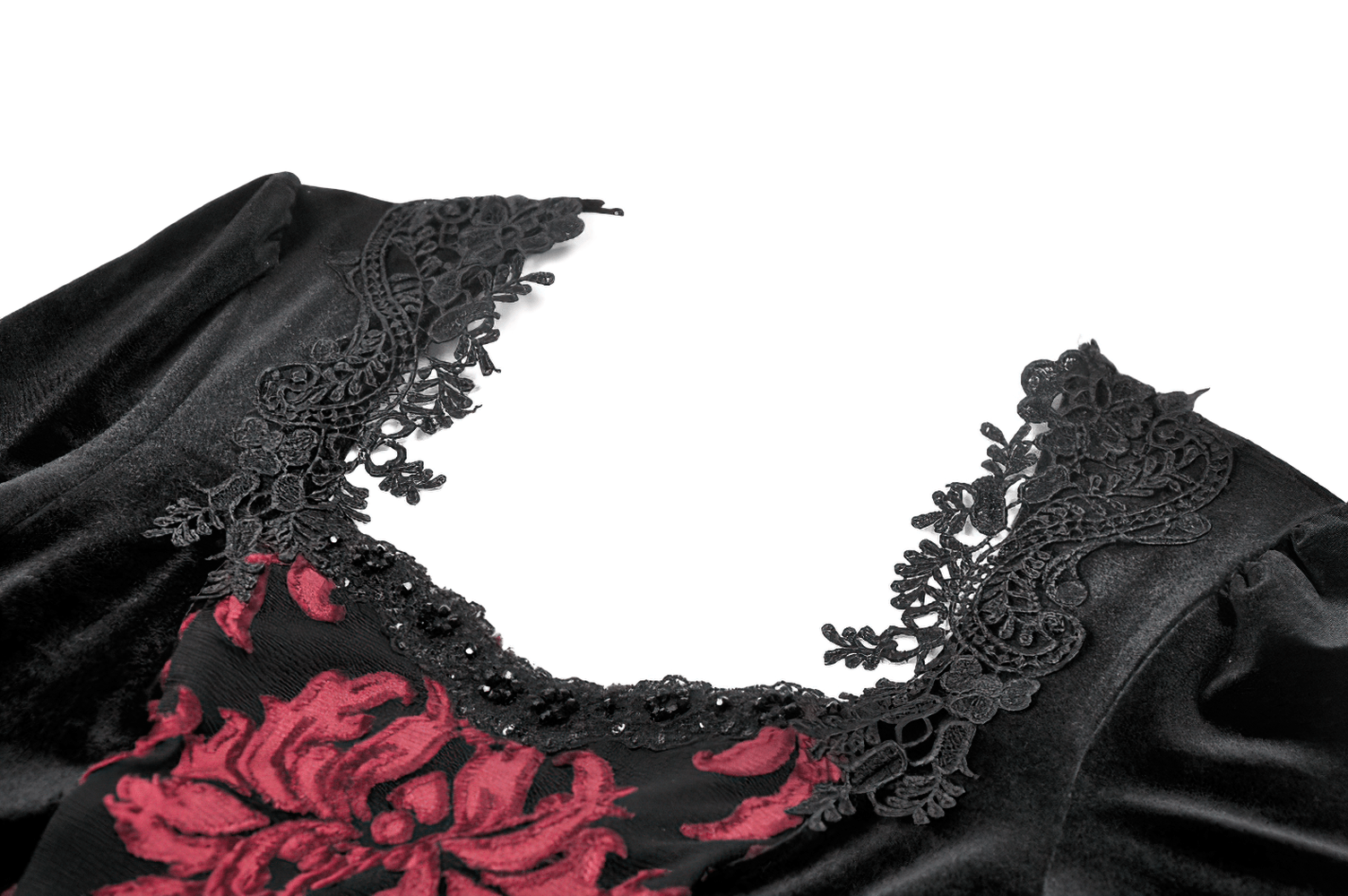 Women's Gothic Velvet Maxi Dress with Lace Bell Sleeves featuring intricate lace and burgundy floral details.