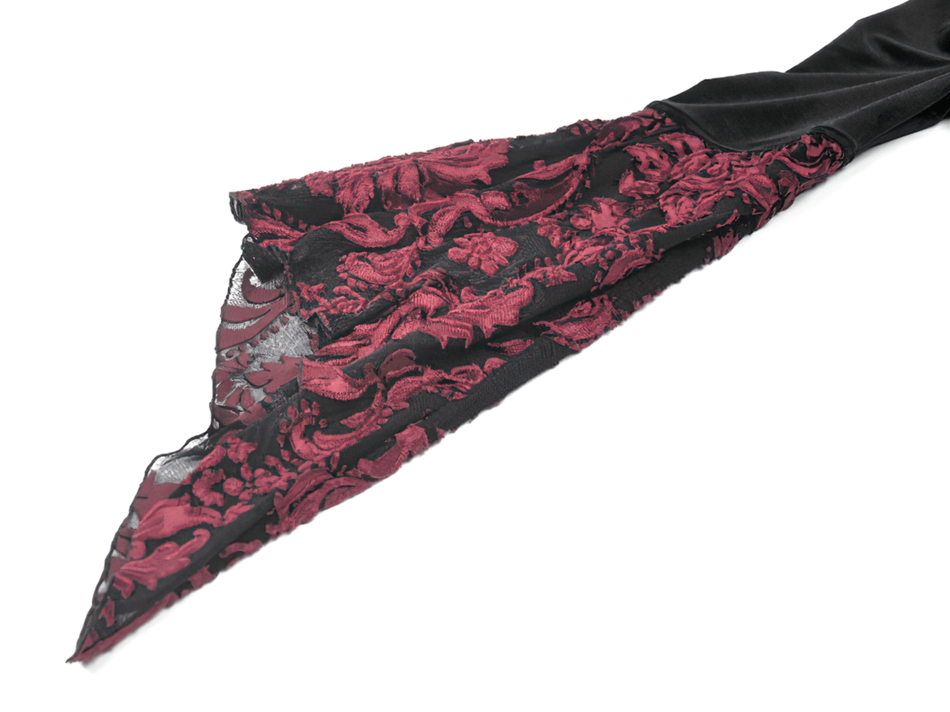 Women's Gothic Velvet Maxi Dress with Lace Bell Sleeves close-up of burgundy brocade lace detail on sleeves