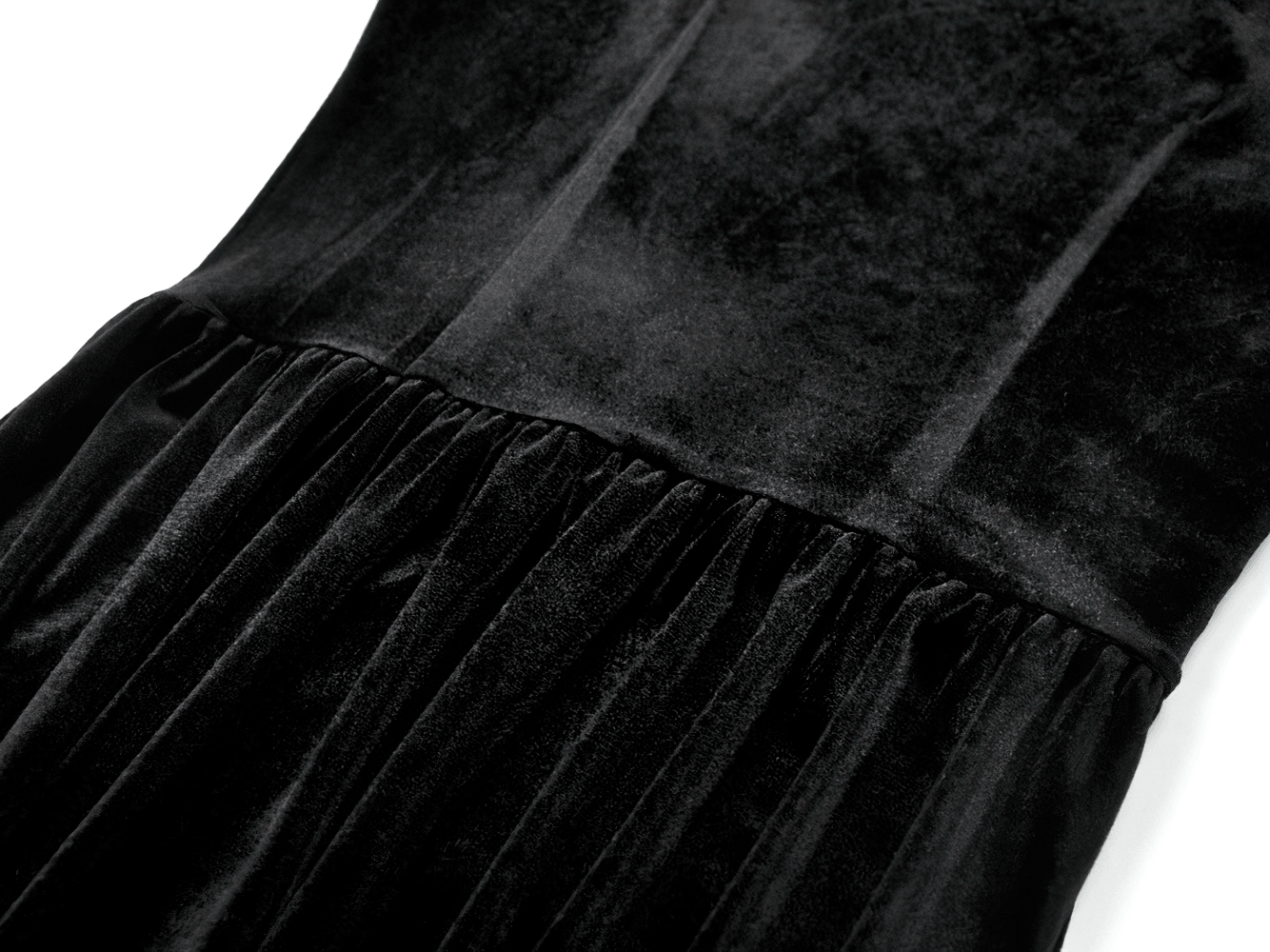 Women's Gothic Velvet Maxi Dress with Lace Bell Sleeves - close-up of black velvet bodice and skirt details.