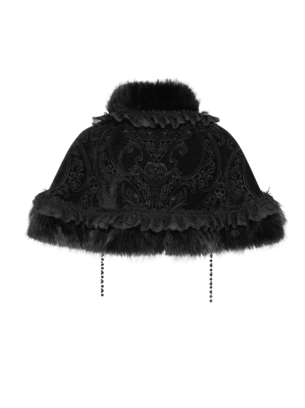 Women's Gothic Victorian Capelet with Faux Fur Trim featuring ornate jacquard pattern and plush faux fur trim.