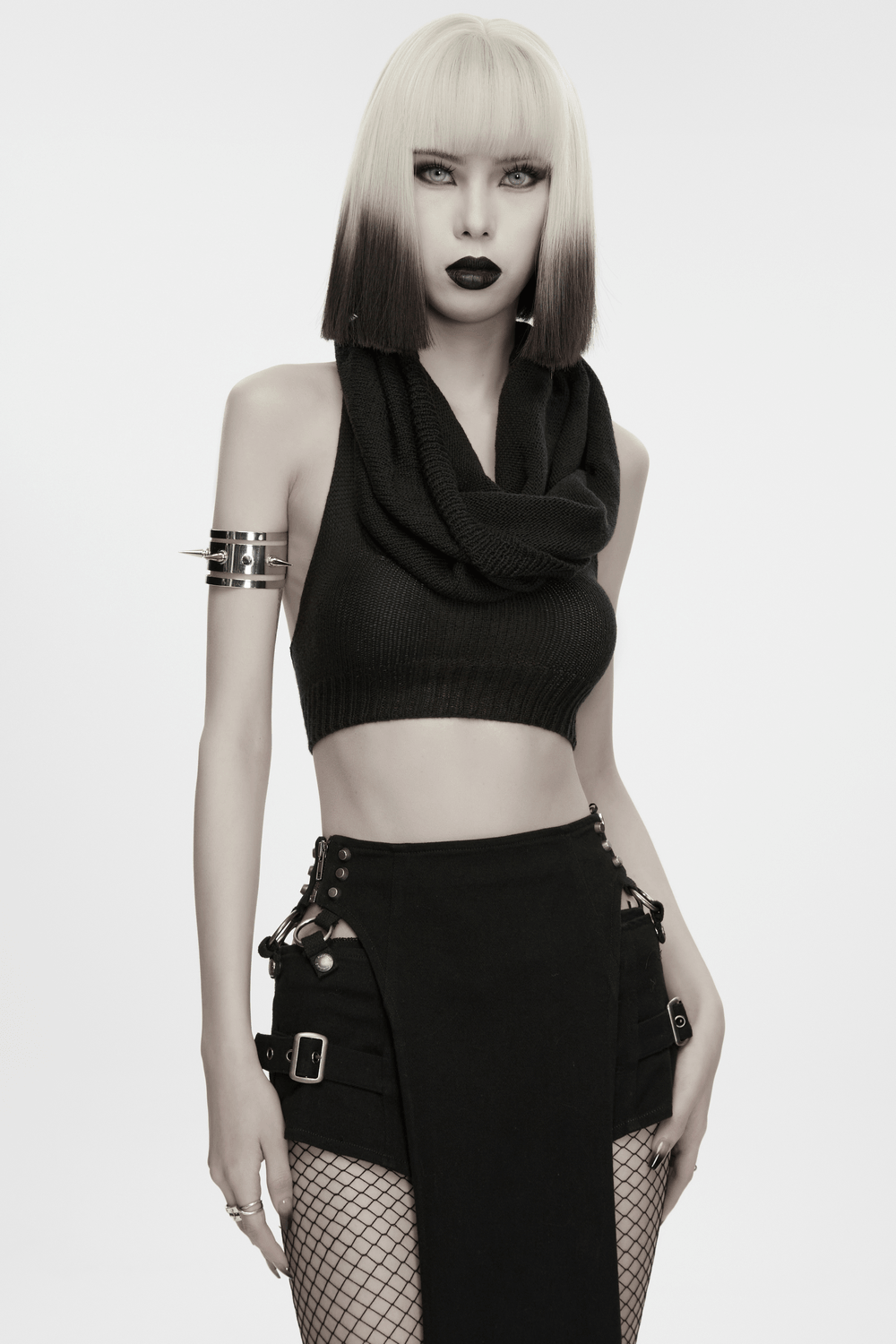Women's Gothic Wasteland Hooded Knit Crop Top modeled with an edgy look featuring a hooded design and punk accessories.