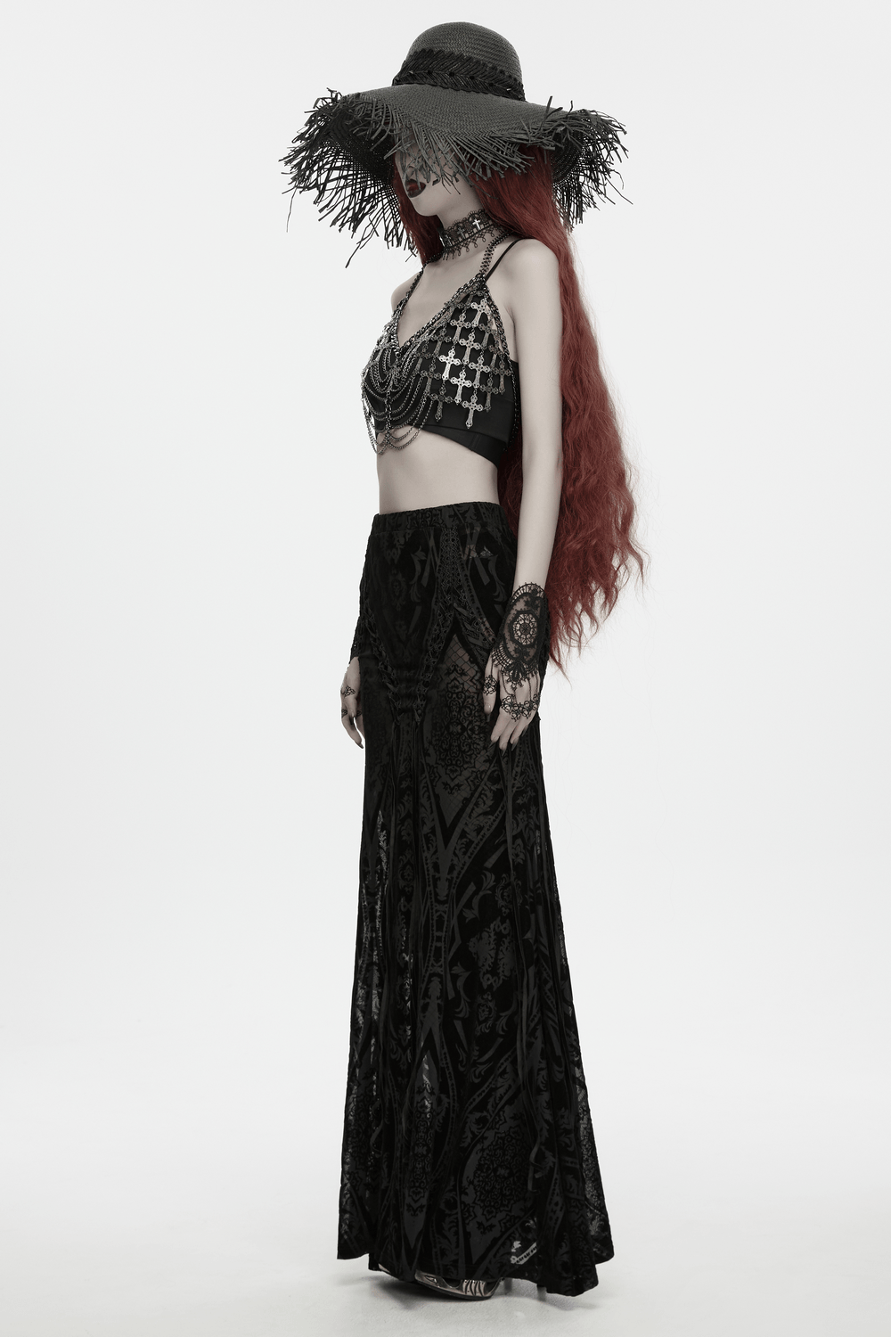 Model wearing Women's Gothic Wide Brim Straw Hat with Frayed Fringe, showcasing dark romantic style.