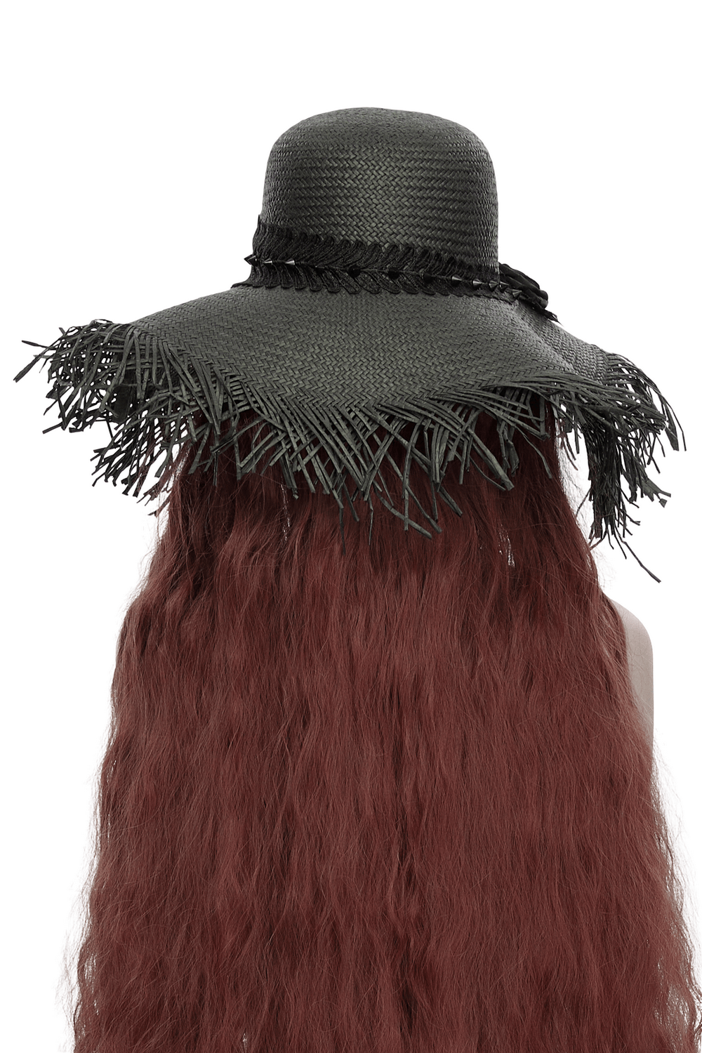 Women's Gothic Wide Brim Straw Hat with Frayed Fringe showcasing dramatic wide brim and frayed accents.