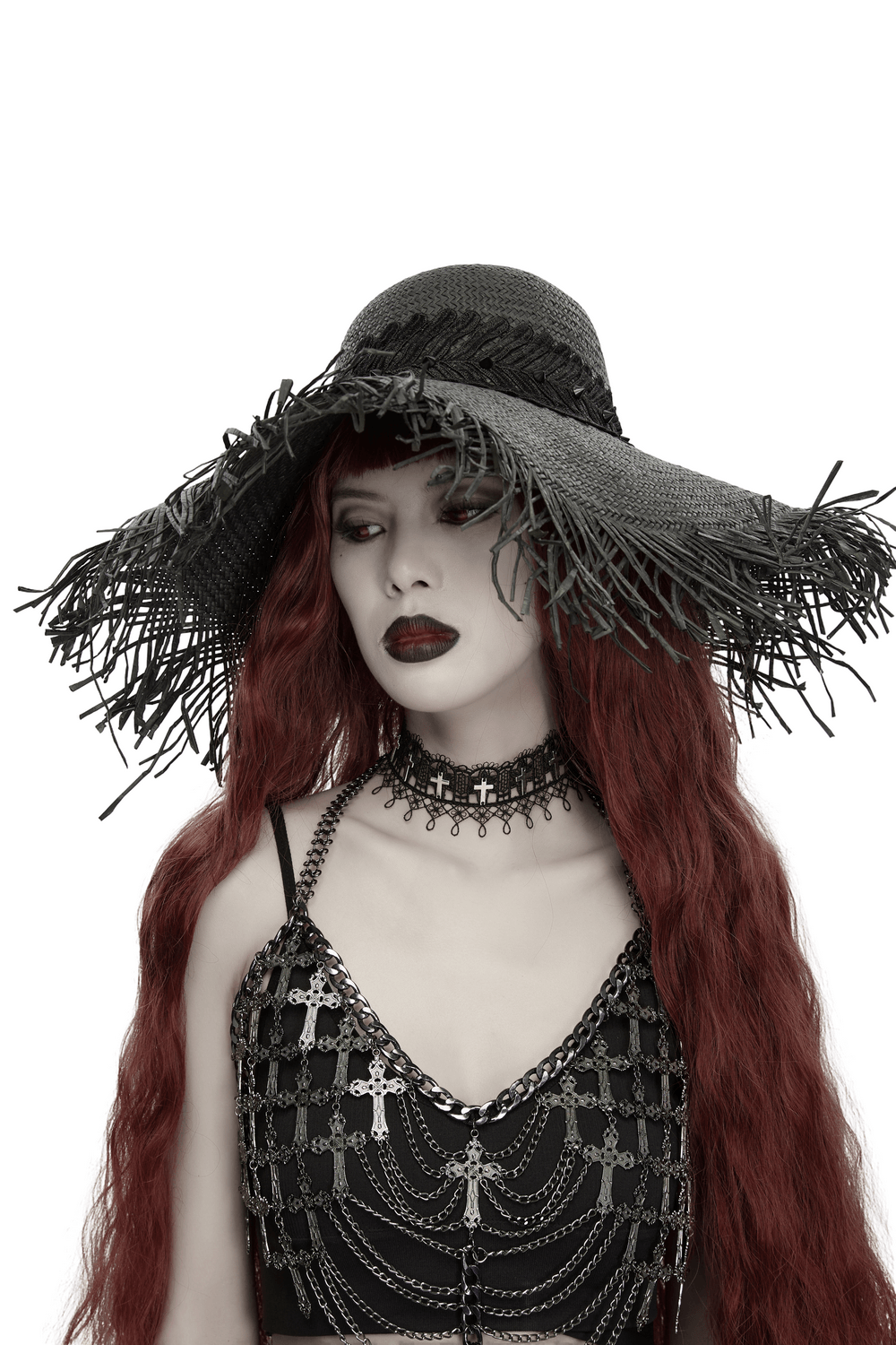 Women's Gothic Wide Brim Straw Hat with Frayed Fringe on a model with red hair and gothic attire.