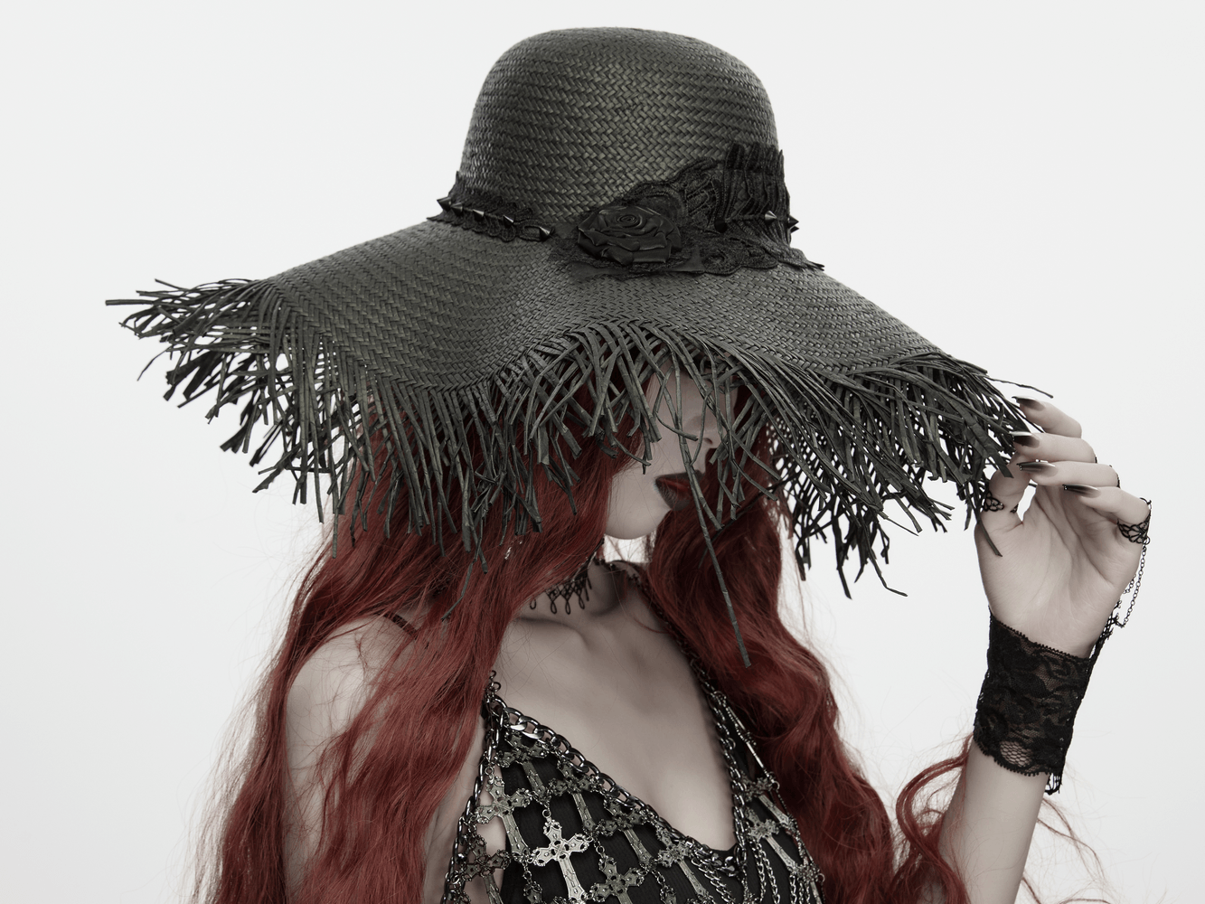 Women's Gothic Wide Brim Straw Hat with Frayed Fringe worn by model with long red hair and lace accents.