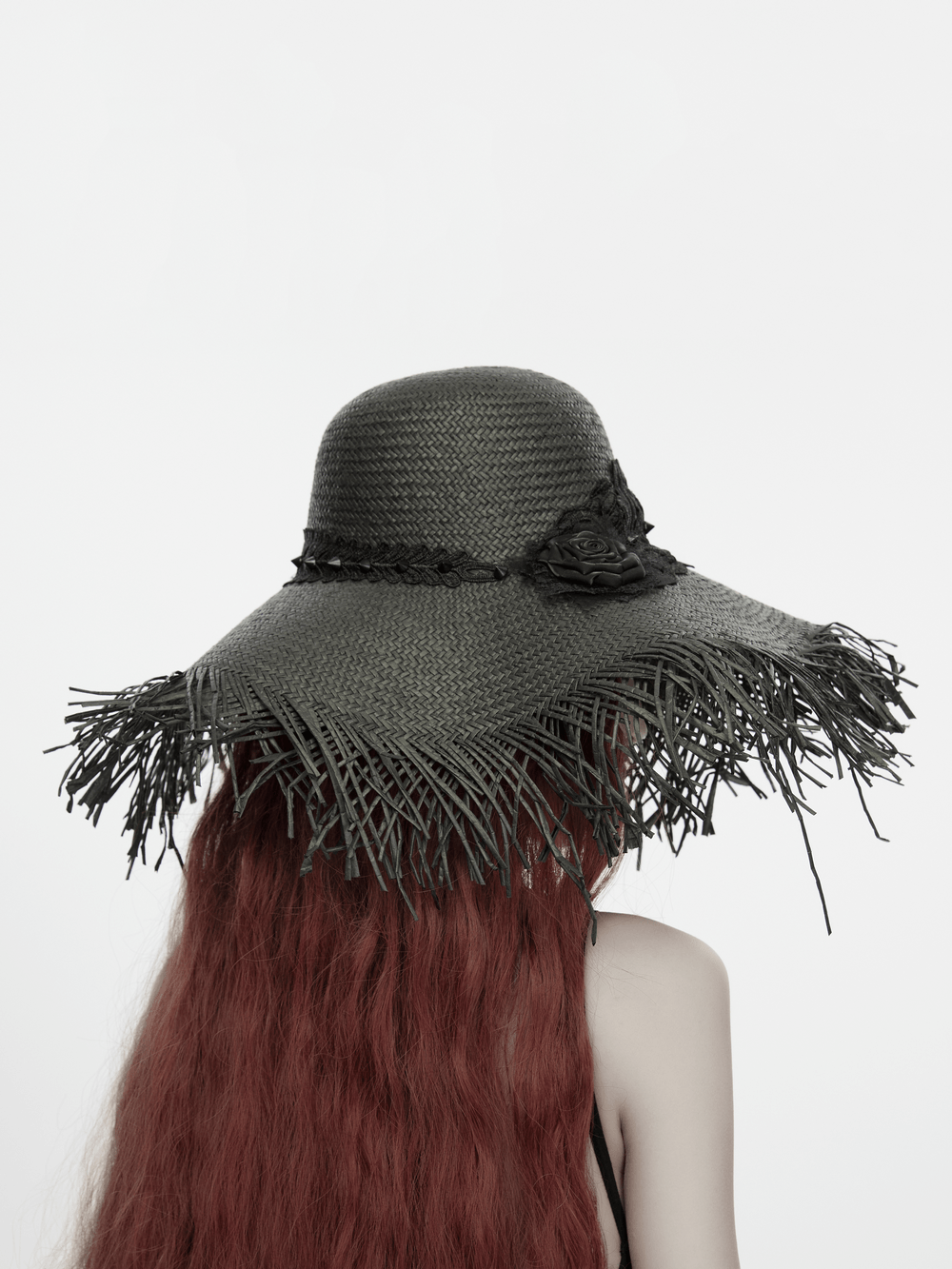 Women's Gothic Wide Brim Straw Hat with Frayed Fringe showcasing a dramatic fringed design and tonal rose accent.
