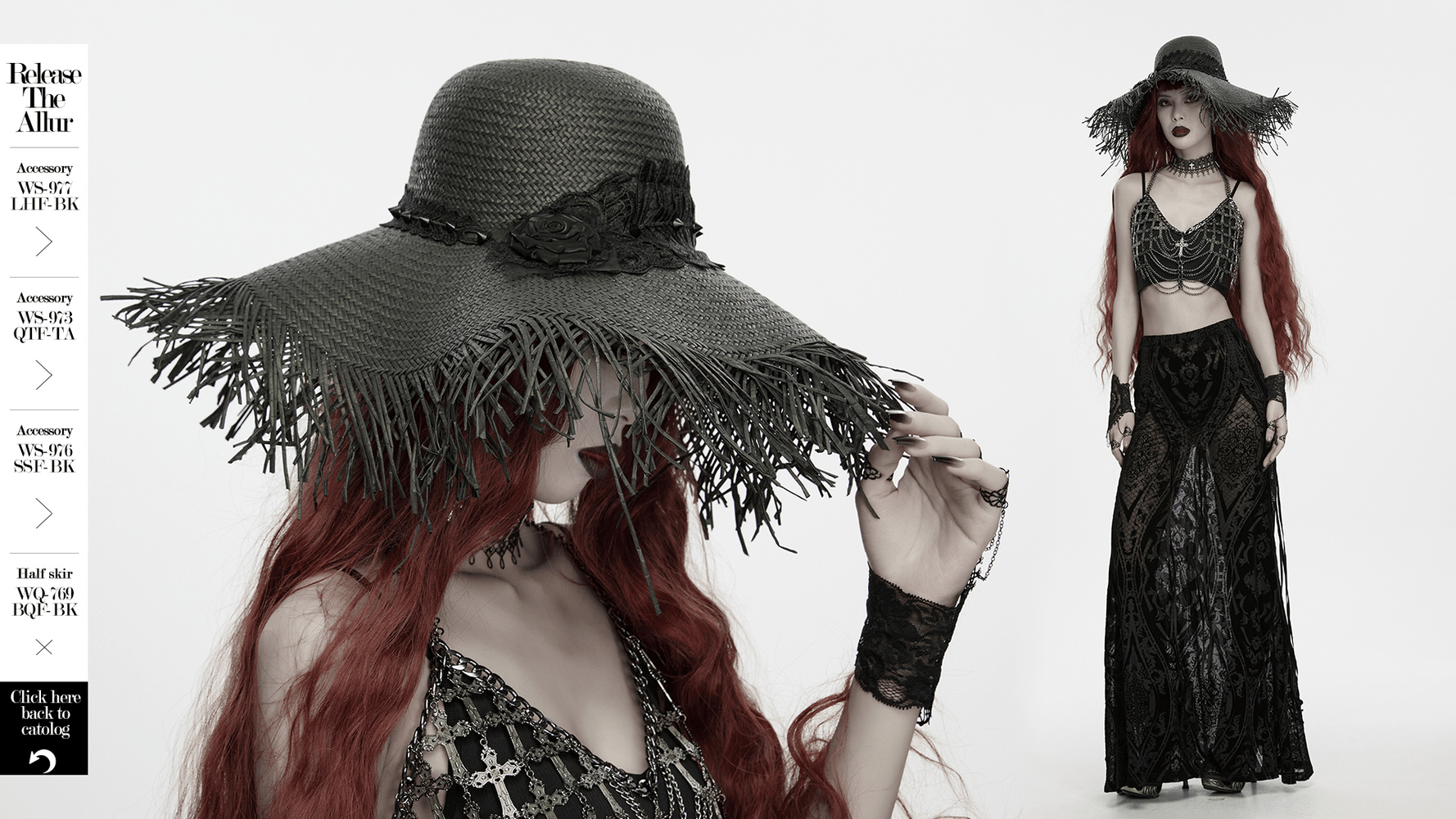 Women's Gothic Wide Brim Straw Hat with Frayed Fringe showcasing a dramatic look with frayed edges and a rose accent.