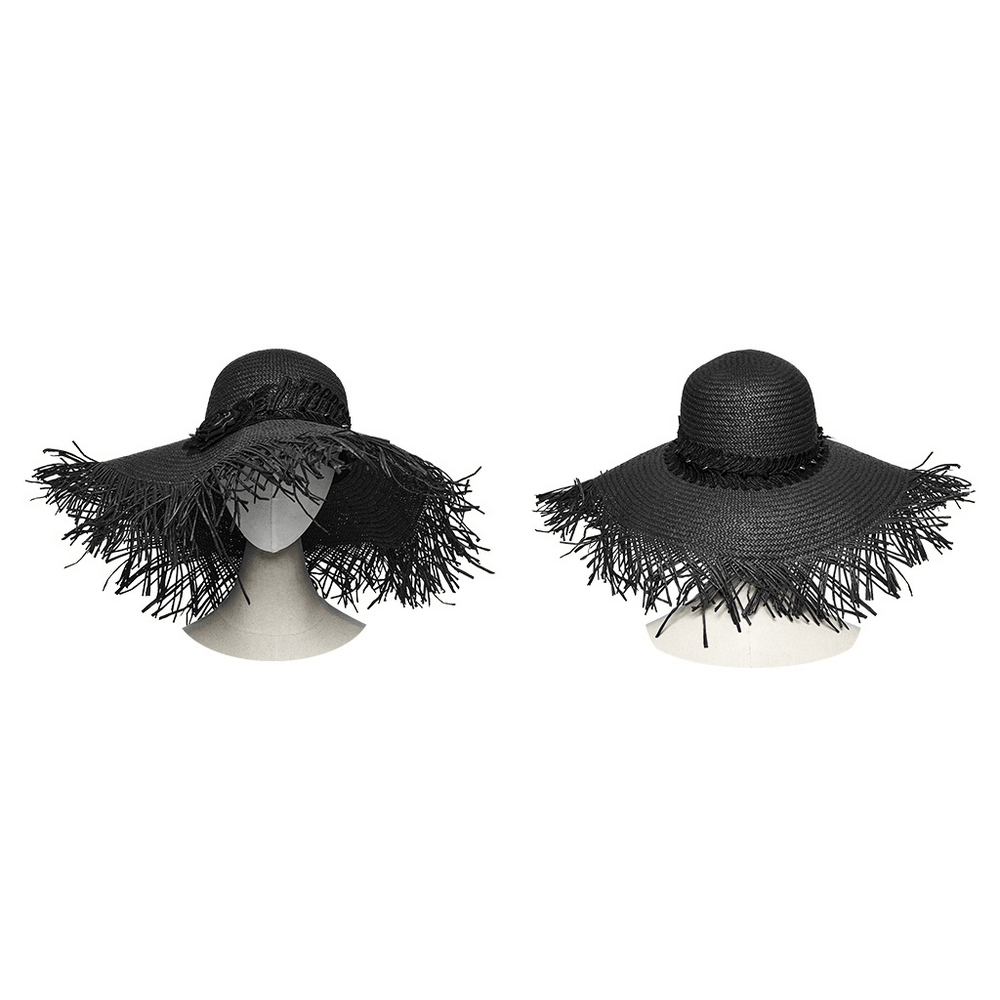 Women's Gothic Wide Brim Straw Hat with Frayed Fringe showcasing dark romantic style and frayed edges.