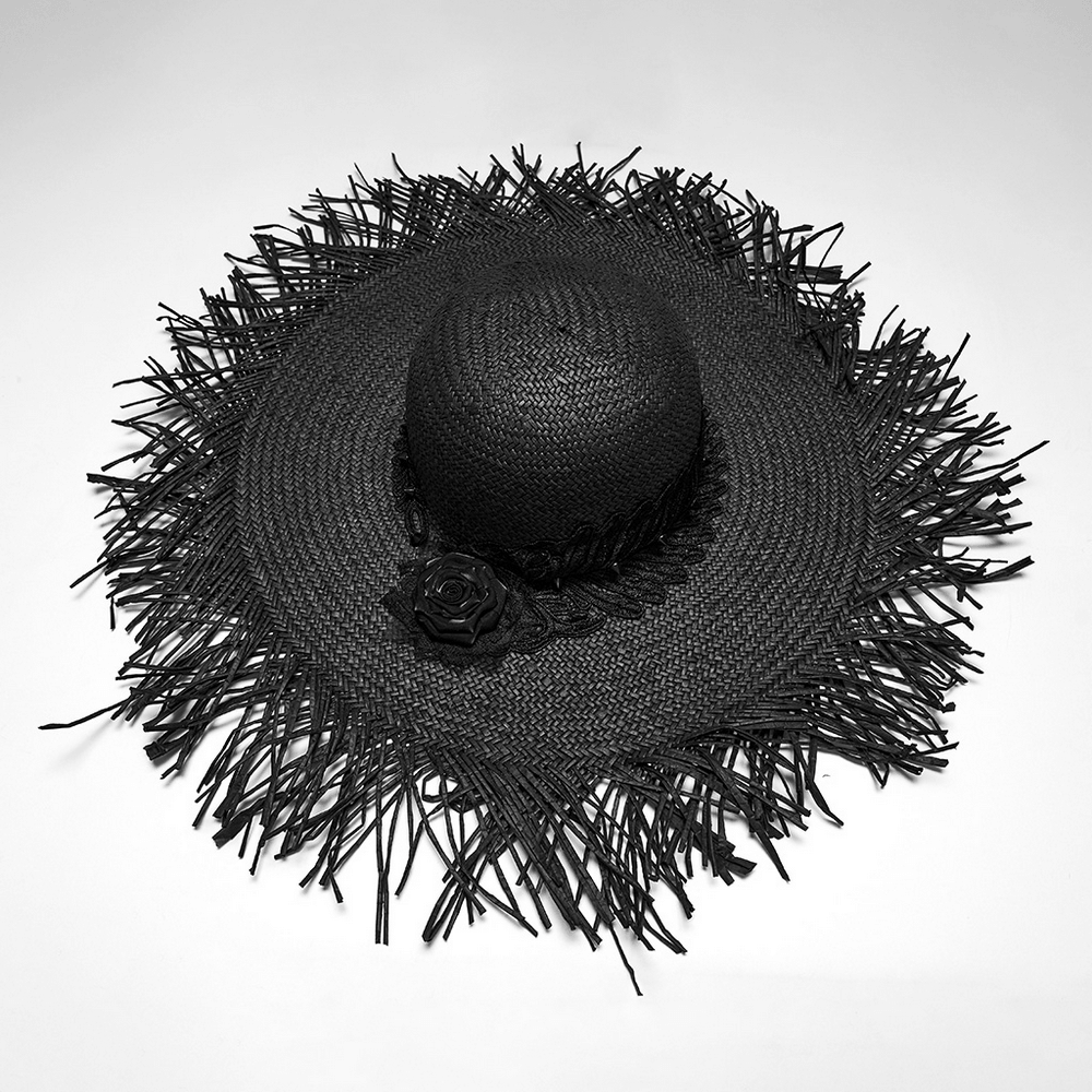 Women's Gothic Wide Brim Straw Hat with Frayed Fringe featuring dramatic fringed edges and a floral accent.