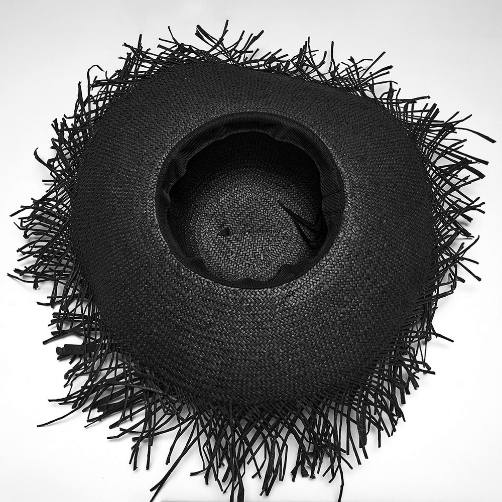 Women's Gothic Wide Brim Straw Hat with Frayed Fringe showcasing a dramatic black wide brim and frayed fringe detailing.