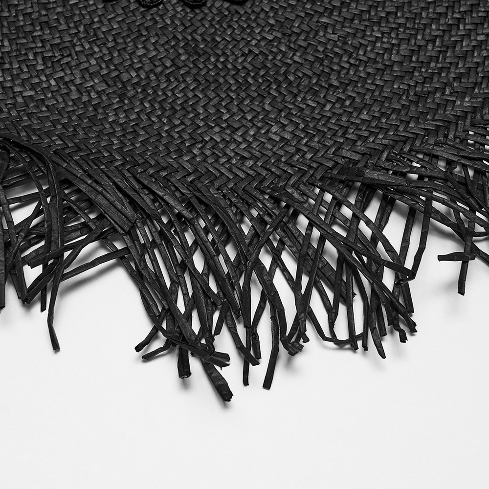 Women's Gothic Wide Brim Straw Hat with Frayed Fringe close-up showing intricate woven design and fringed edges.