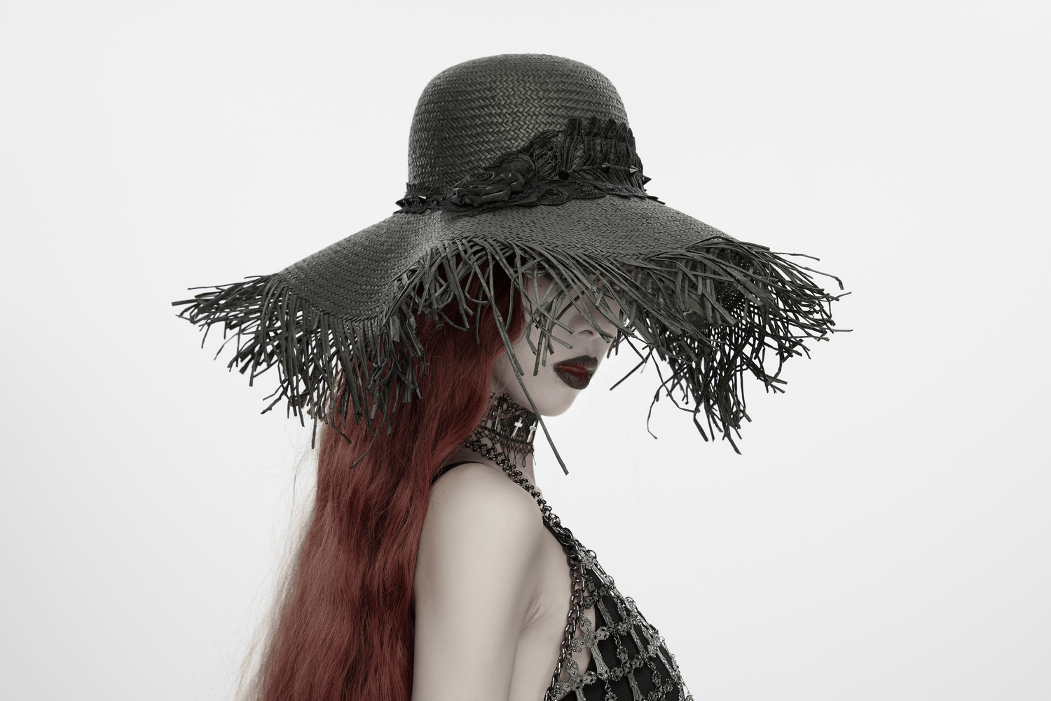 Women's Gothic Wide Brim Straw Hat with Frayed Fringe, featuring frayed design and dramatic silhouette.