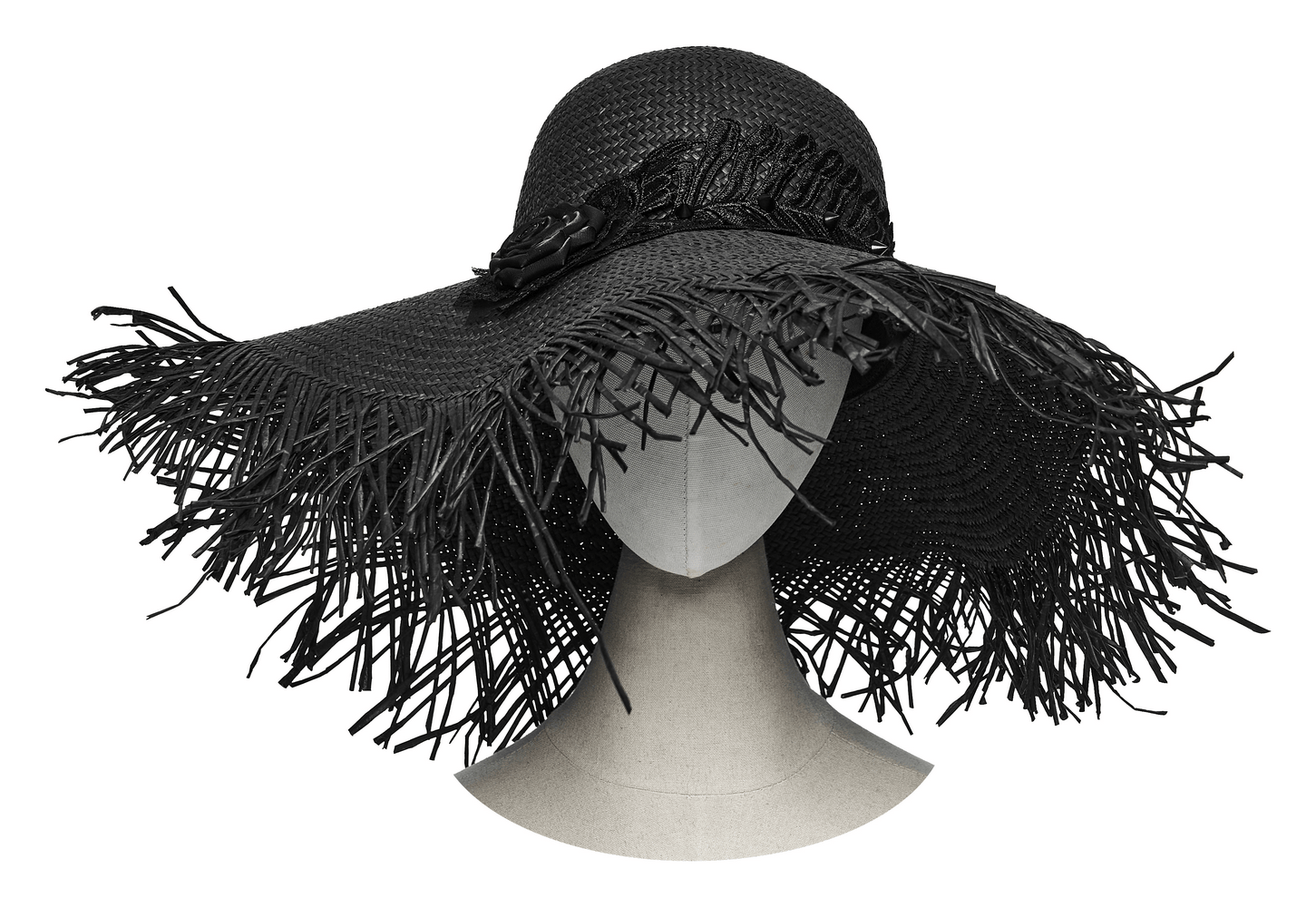 Women's Gothic Wide Brim Straw Hat with Frayed Fringe featuring dramatic fringe and a floral accent.