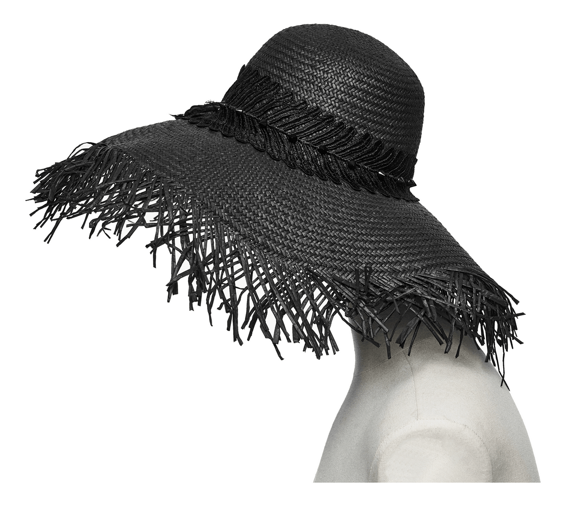 Women's Gothic Wide Brim Straw Hat with Frayed Fringe showcasing a dramatic frayed edge, perfect for gothic summer style.