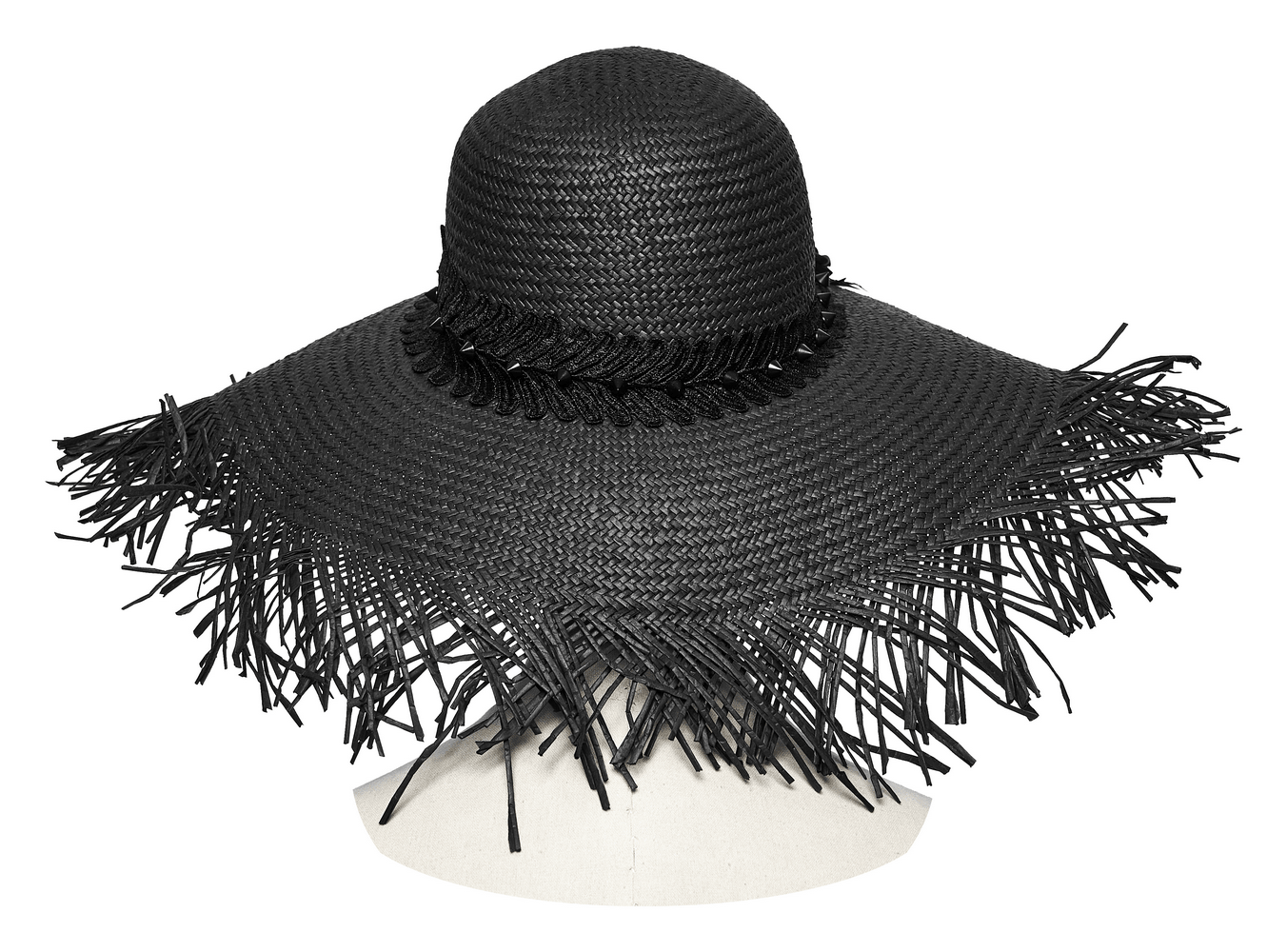 Women's Gothic Wide Brim Straw Hat with Frayed Fringe showcasing dramatic wide brim and fringed detail.