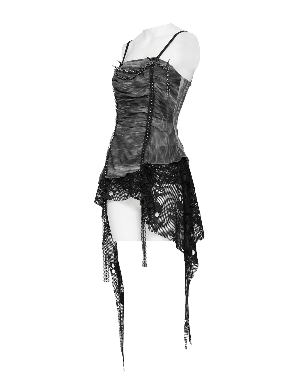 Women's Gray Chain Asymmetric Tunic Top with Lace Hem, edgy lace-trimmed chain detail fashion top