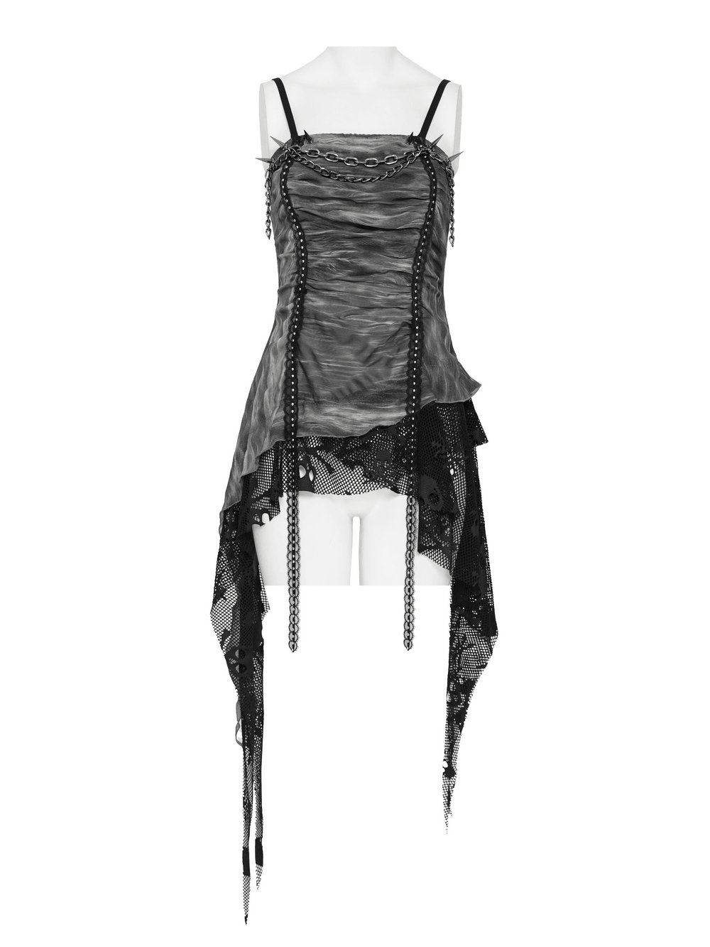Women's Gray Chain Asymmetric Tunic Top with Lace Hem, edgy gray mesh top with chain details and lace asymmetry