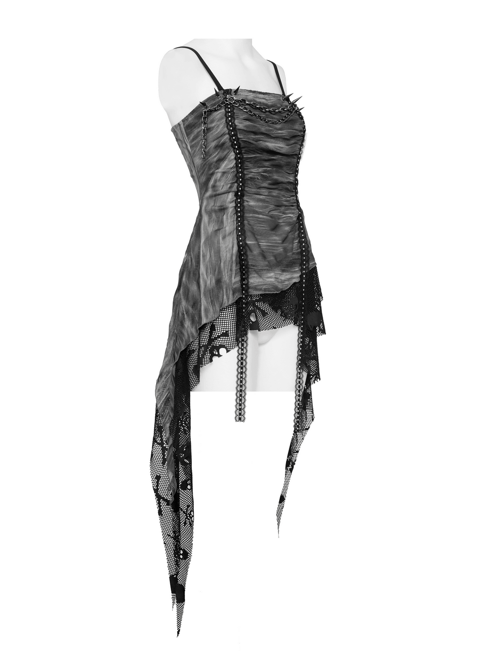 Women's Gray Chain Asymmetric Tunic Top with Lace Hem, edgy black mesh layered top with chains and lace trim