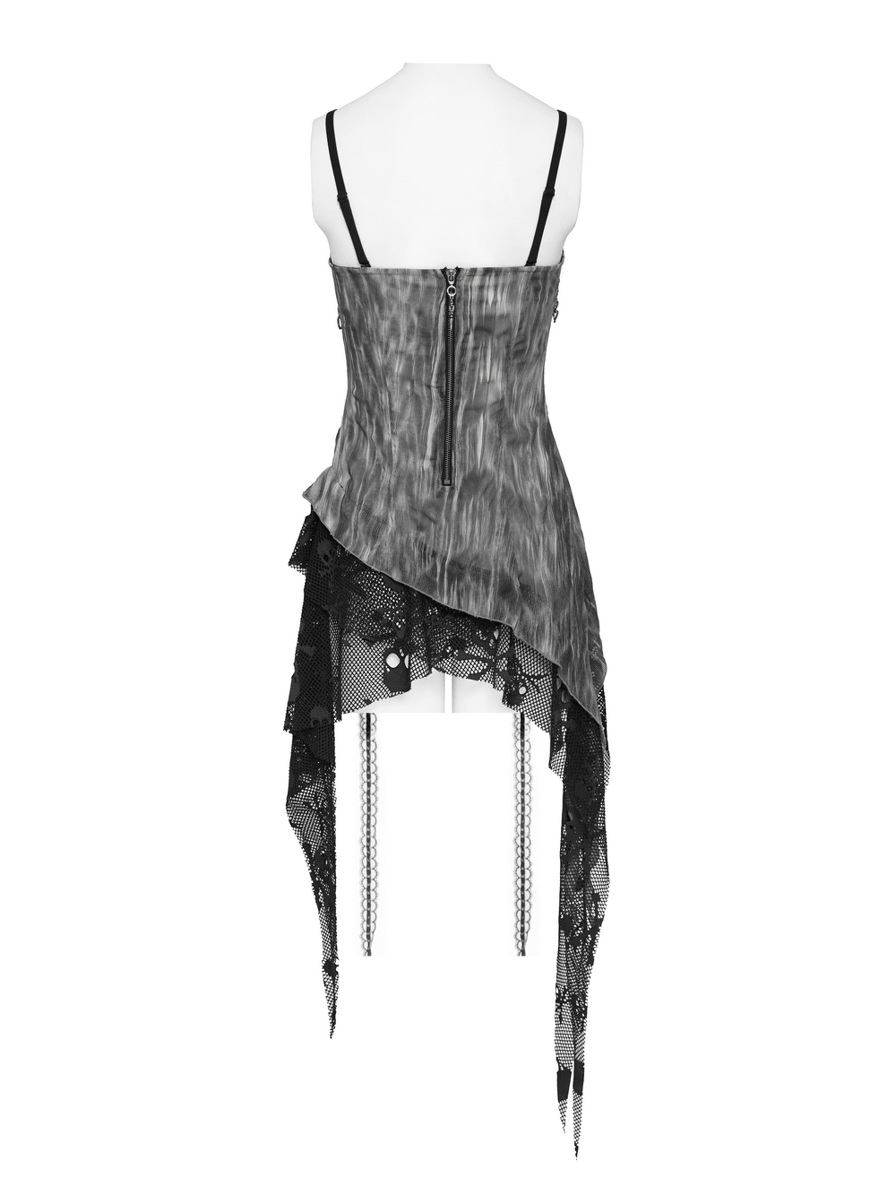 Women's Gray Chain Asymmetric Tunic Top with Lace Hem, edgy layered gray mesh and chain detail