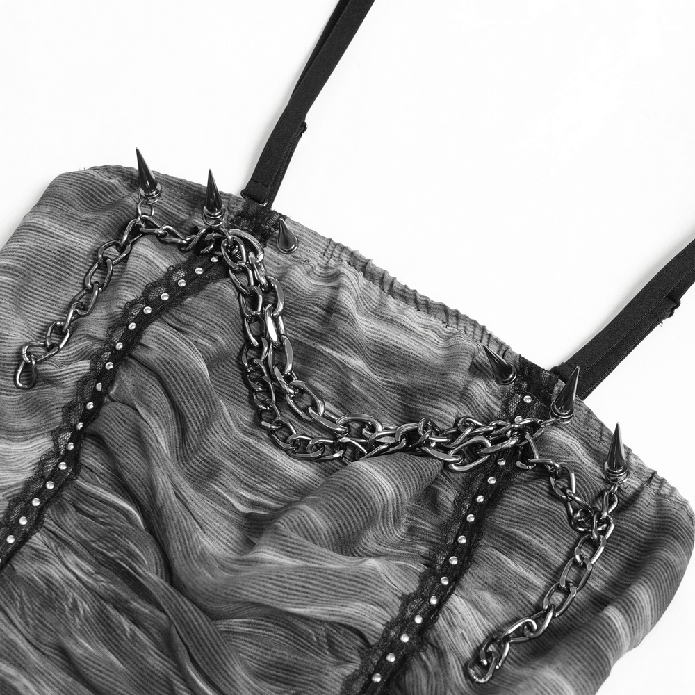 Women's Gray Chain Asymmetric Tunic Top with Lace Hem, edgy gray mesh with chains and studded details