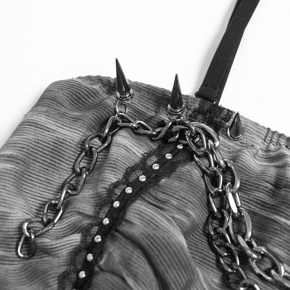 Women's Gray Chain Asymmetric Tunic Top with Lace Hem, edgy mesh detail with spikes and chain accents