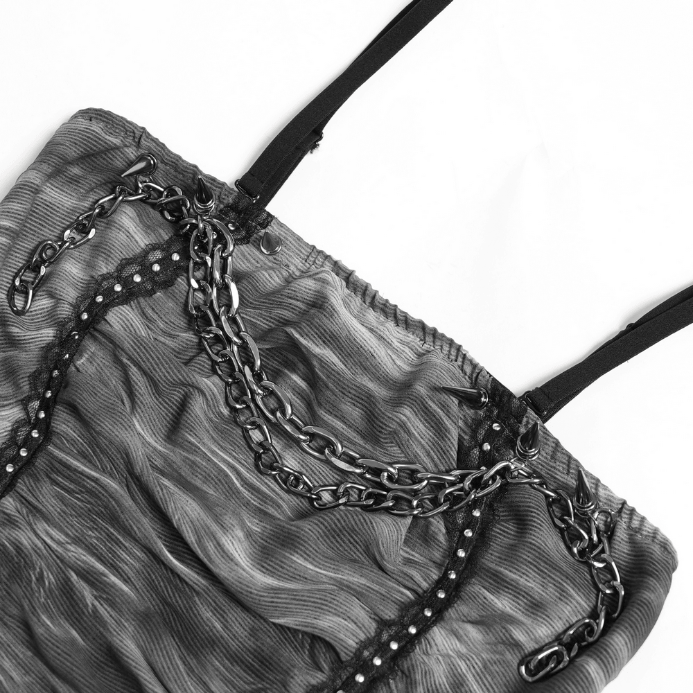 Women's Gray Chain Asymmetric Tunic Top with Lace Hem, sheer mesh with chains, eyelets and strappy detail