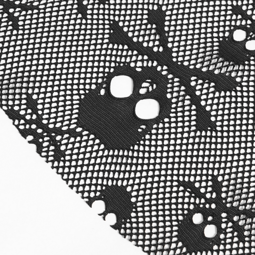 Women's Gray Chain Asymmetric Tunic Top with Lace Hem black mesh lace close-up with sheer openwork detail