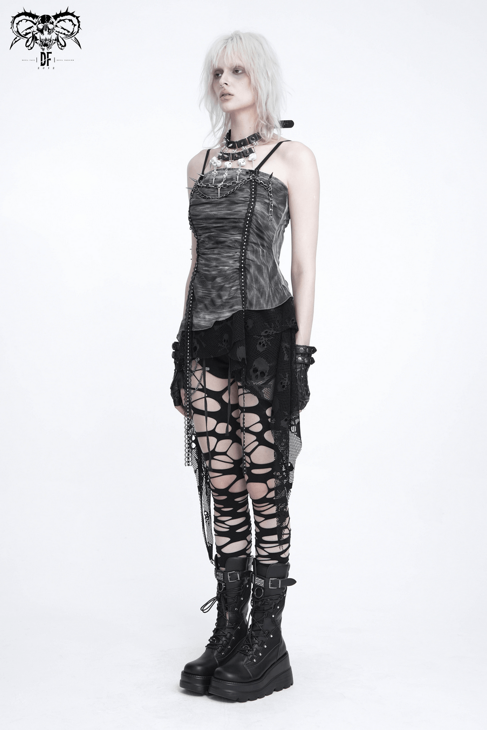 Women's Gray Chain Asymmetric Tunic Top with Lace Hem, gothic layered look with chains, harness choker, and sheer details
