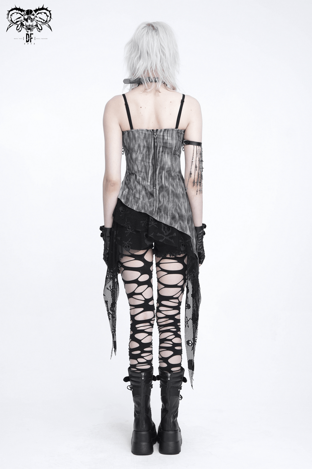 Women's Gray Chain Asymmetric Tunic Top with Lace Hem, edgy back view with mesh layers, chains, and gothic style