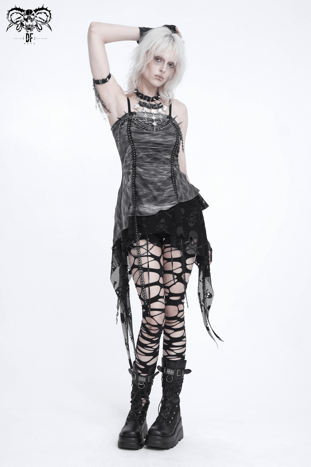 Women's Gray Chain Asymmetric Tunic Top with Lace Hem - edgy gothic layered look with chain details and lace hem