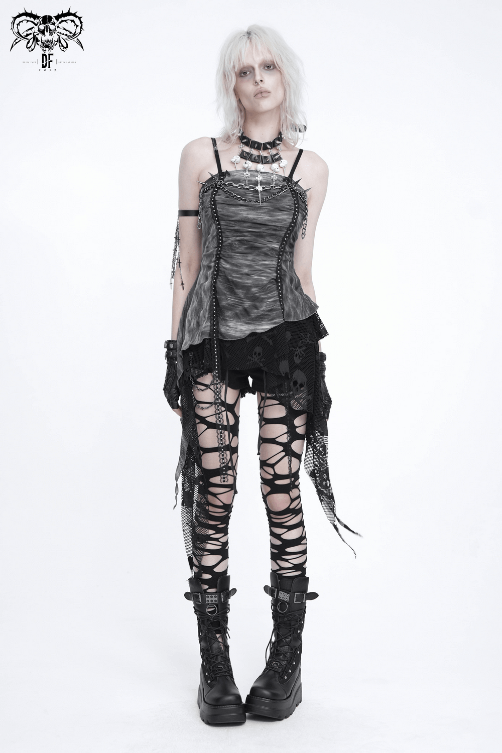 Women's Gray Chain Asymmetric Tunic Top with Lace Hem, punk gothic layered look with chains and lace