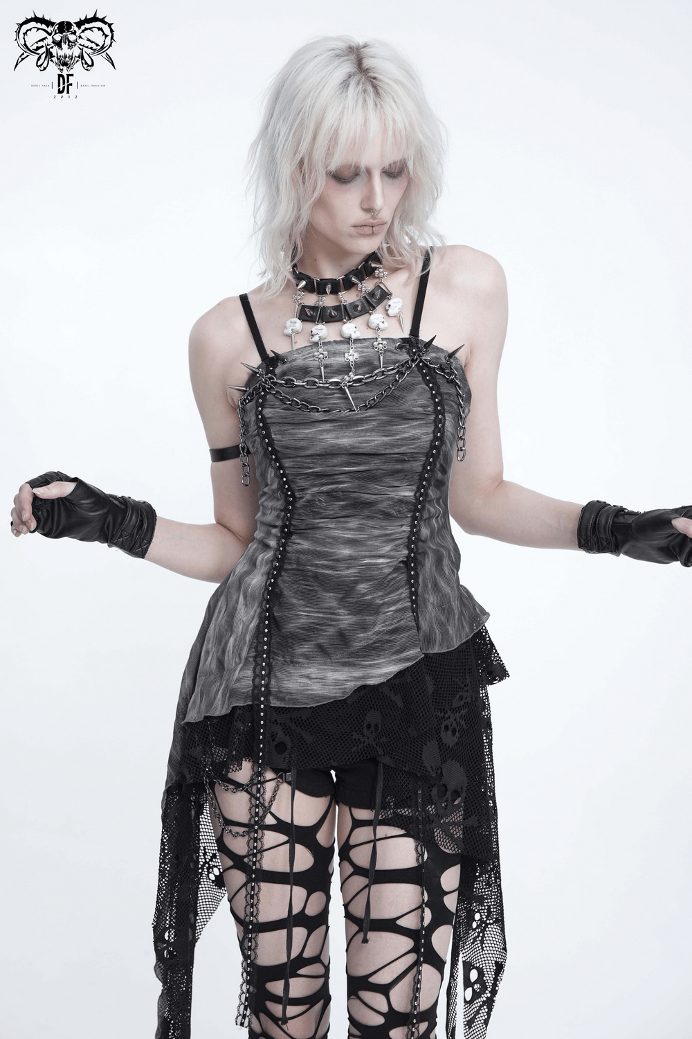 Women's Gray Chain Asymmetric Tunic Top with Lace Hem, edgy layered gothic style with chain details